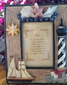 Vintage Nautical Ocean Themed Picture Frame - Sailboat, Shells, Lighthouse